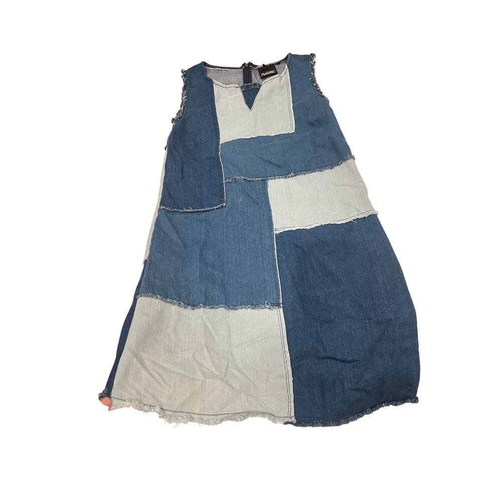 Y2K Patchwork Denim Mini Dress Raw Hem Indie Grunge Colorblock Small